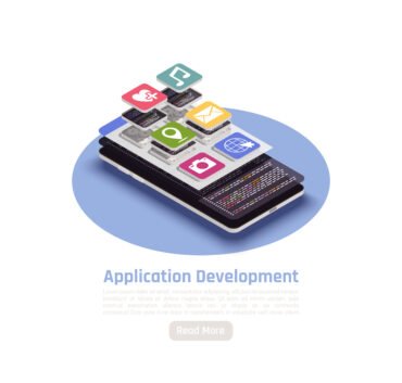 Isometric illustration of application development showing a smartphone with layered app icons such as health, messaging, email, location, and camera, representing mobile app design, coding, and software development.