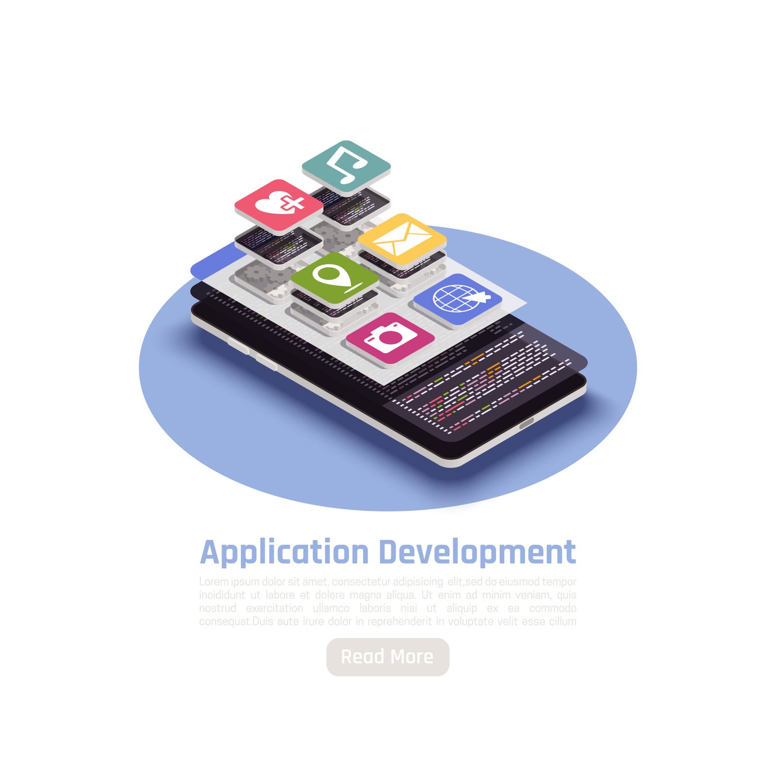 Isometric illustration of application development showing a smartphone with layered app icons such as health, messaging, email, location, and camera, representing mobile app design, coding, and software development.