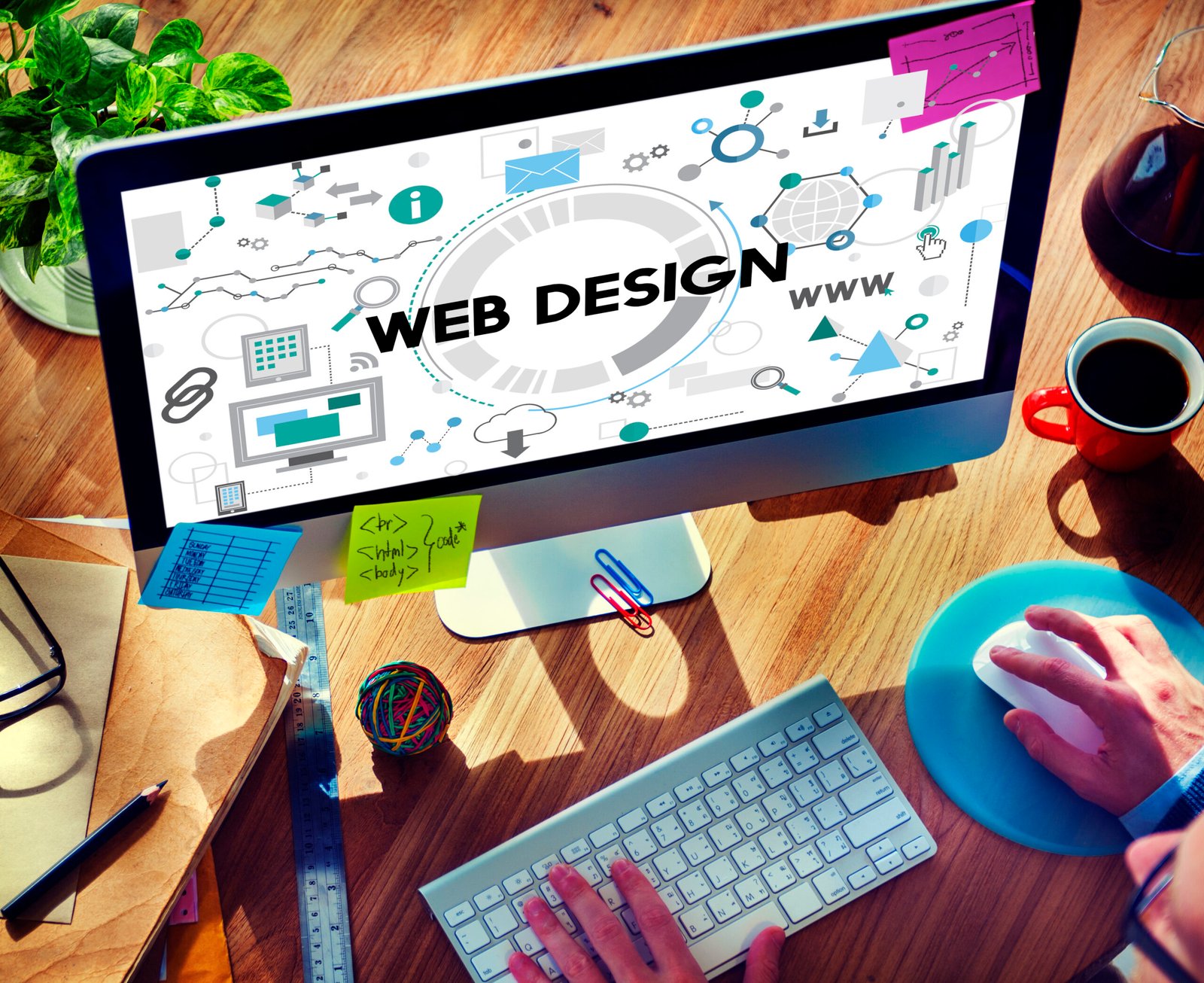 Desktop computer displaying web design graphics surrounded by a keyboard, mouse, coffee cup, sticky notes, and office supplies, representing website design, development, and creative digital workspace.