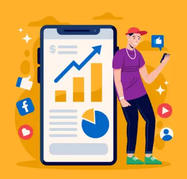 Mobile app analytics dashboard with growth chart, social media icons, and user engagement illustration