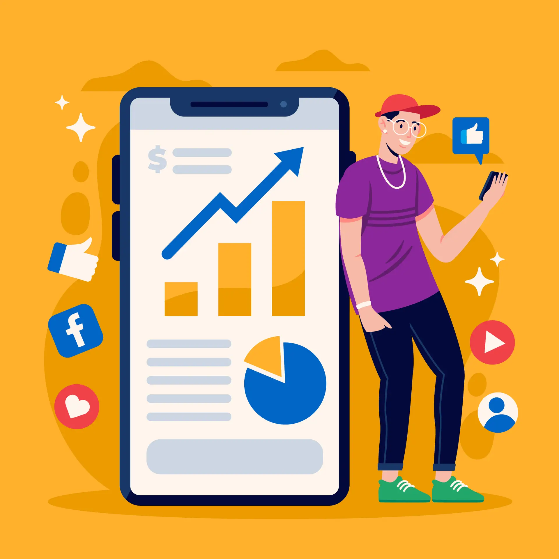 Mobile app analytics dashboard with growth chart, social media icons, and user engagement illustration